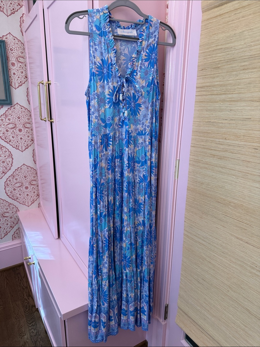 Sleeveless Blue Floral Tiered Maxi Dress with Tie Neck